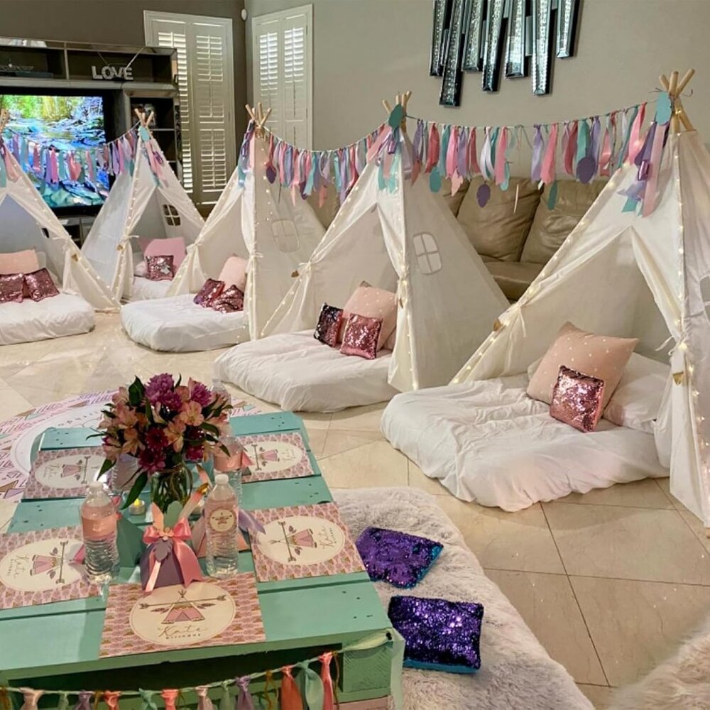 4 Pack Teepee Tent for Kids Slumber Party with Inflatable Airbeds & Lights - Picture 2 of 6